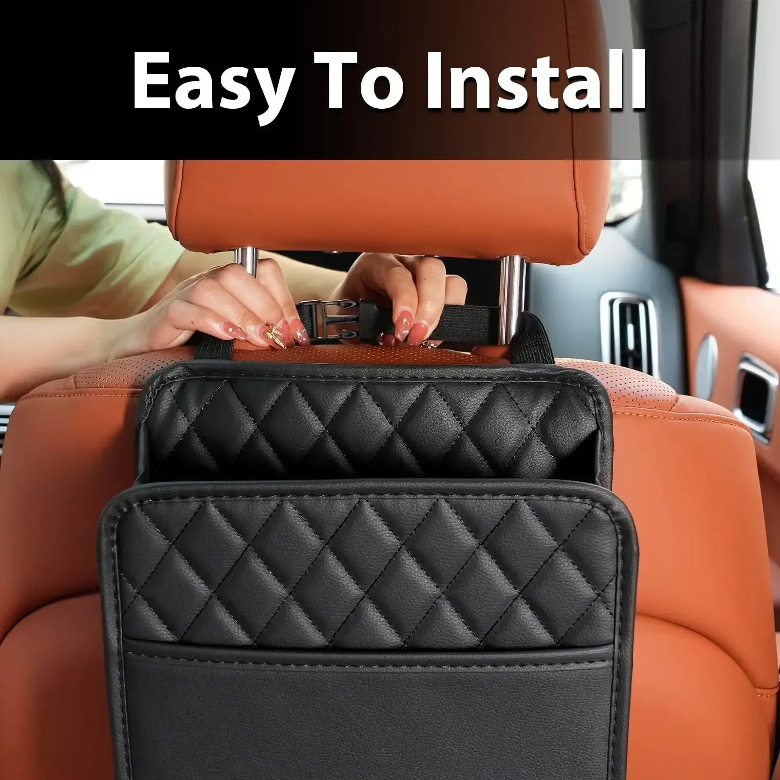 Hands easily installing a car seat back organiser onto an orange leather seat
