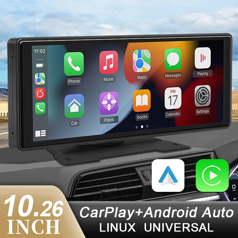 10.26 Inch Wireless CarPlay and Android Auto Mirror Monitor mounted on a car dashboard displaying the Apple CarPlay home screen