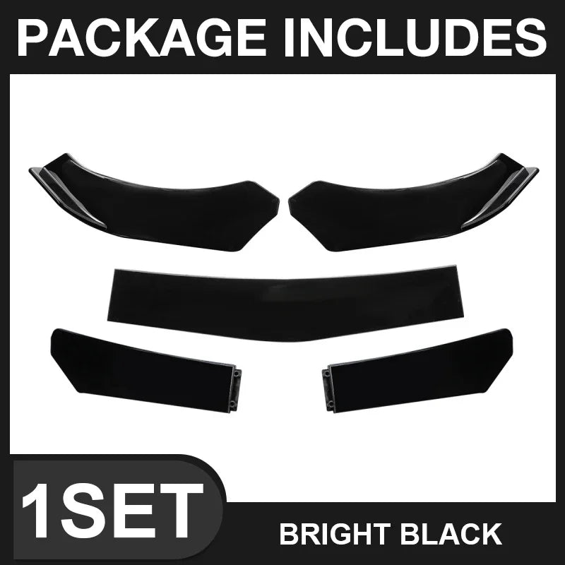 Front bumper lip kit package contents showing the complete five-piece gloss black set included in one set