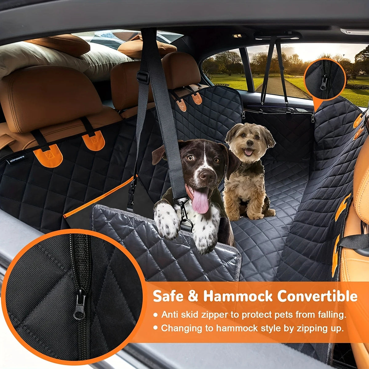 Convertible Dog Seat Hammock in hammock mode with two dogs in the back seat and close-up of the zip-down side flap