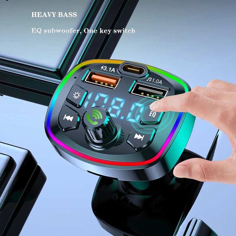 Finger pressing the EQ bass boost button on the Hands-Free Bluetooth FM Transmitter