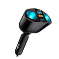 Dual-Socket Fast Car Charger in black with two cigarette lighter sockets, USB-C and two USB-A ports, and blue voltage display