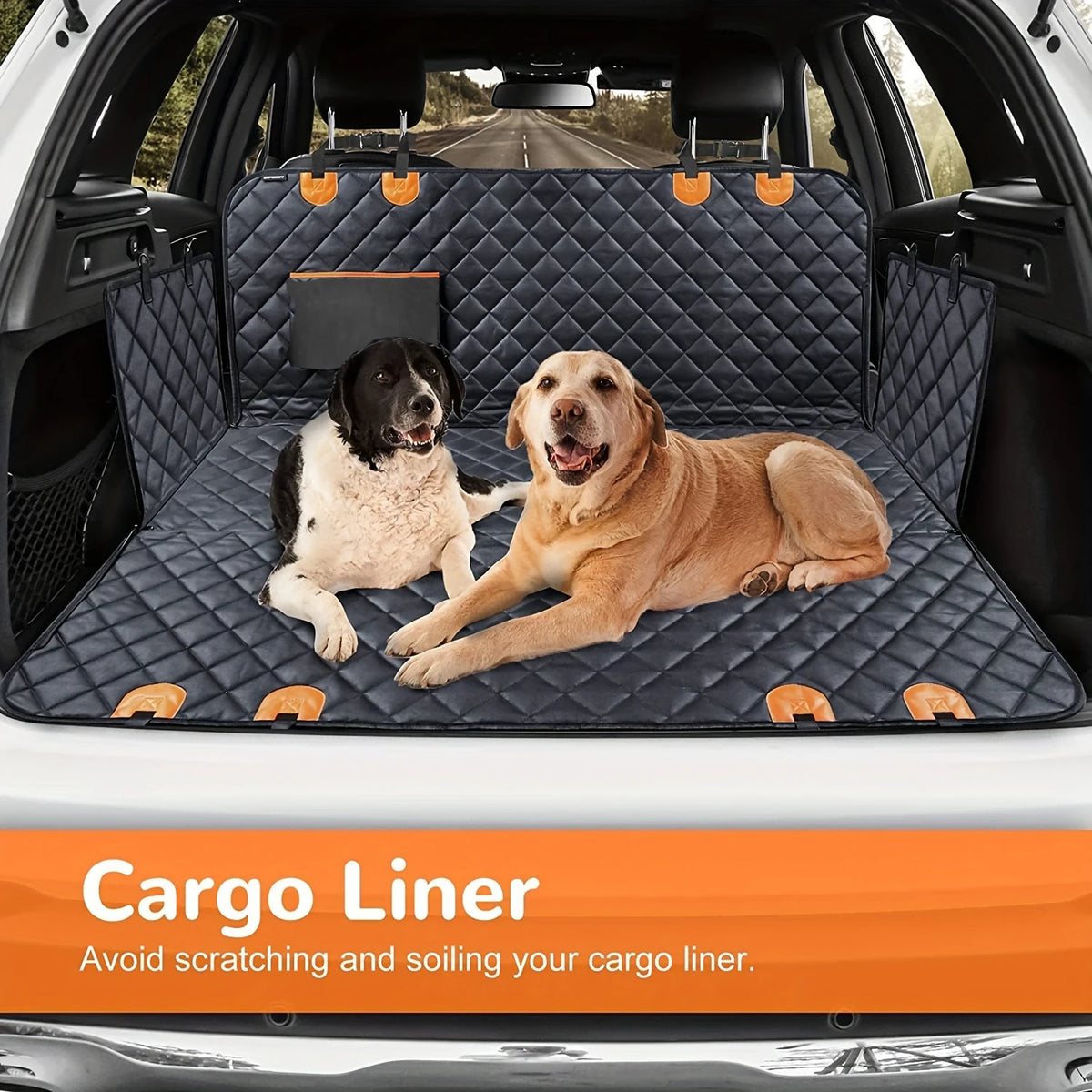 Convertible Dog Seat Hammock used as a cargo liner in an SUV boot with two dogs lying on the quilted cover