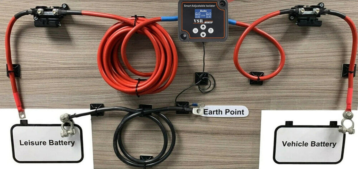 Digital LED VSR battery management system kit with red and black cables, a central control box, and two labeled battery connection points for Leisure Battery and Vehicle Battery, shown on a wood-textured background with large 'DIGITAL L.E.