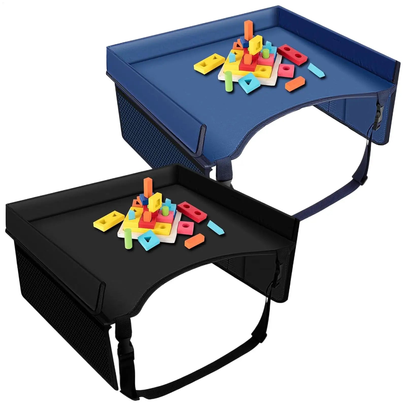 Navy blue and black kids car seat travel trays side by side both loaded with children's toys