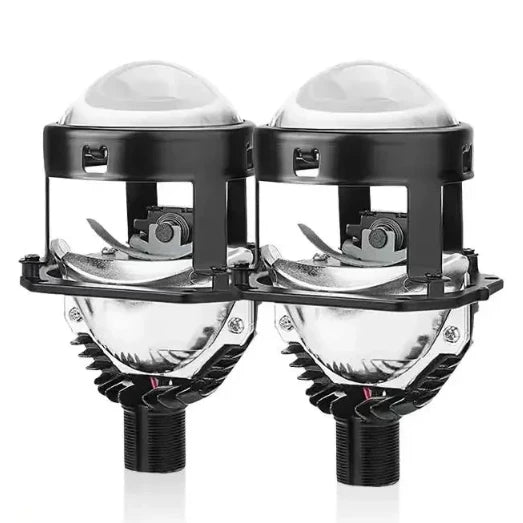 Pair of Bi-LED projector headlight lenses on a white background