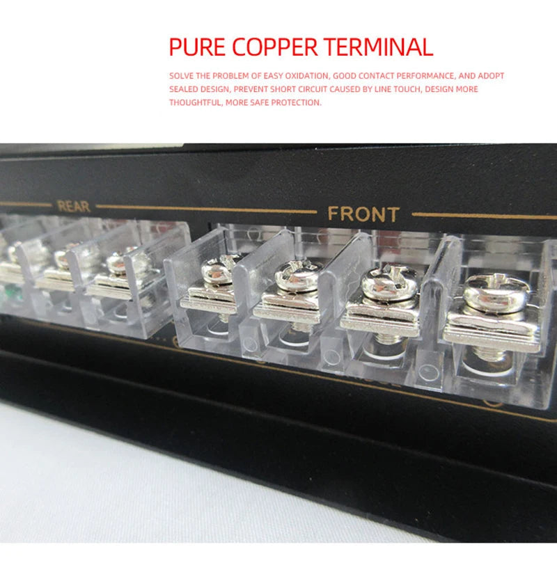 Close-up of the 4-Channel Car Amplifier's pure copper front and rear speaker terminals with sealed anti-oxidation design