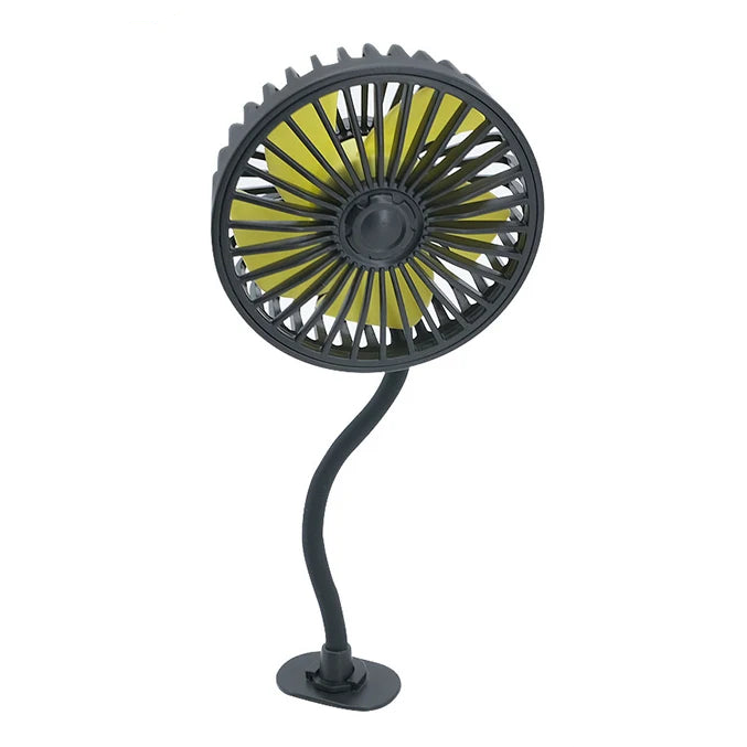 Rear Seat Car Fan with black and yellow blades on a flexible gooseneck hose and adhesive base on a white background
