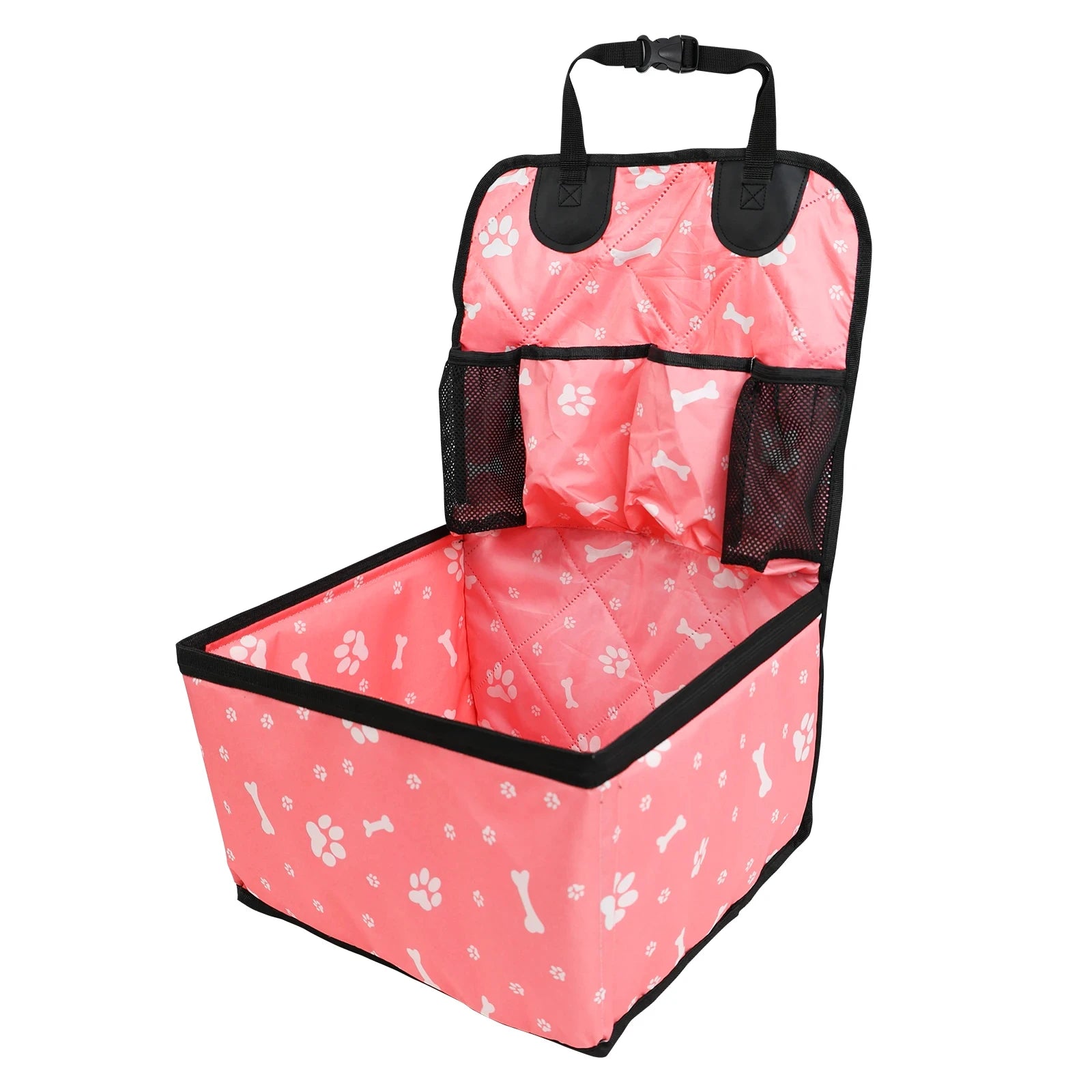 Pink paw print waterproof dog car booster seat with folding storage box on a white background