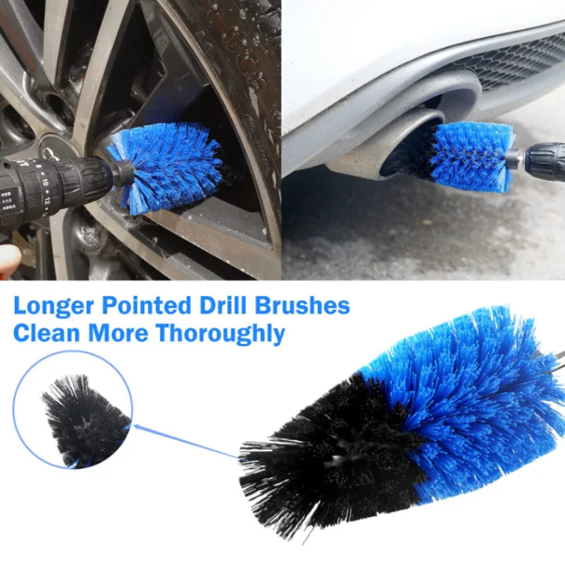 Blue drill brush attachments cleaning an alloy wheel and exhaust tip, with a close-up of the pointed drill brush