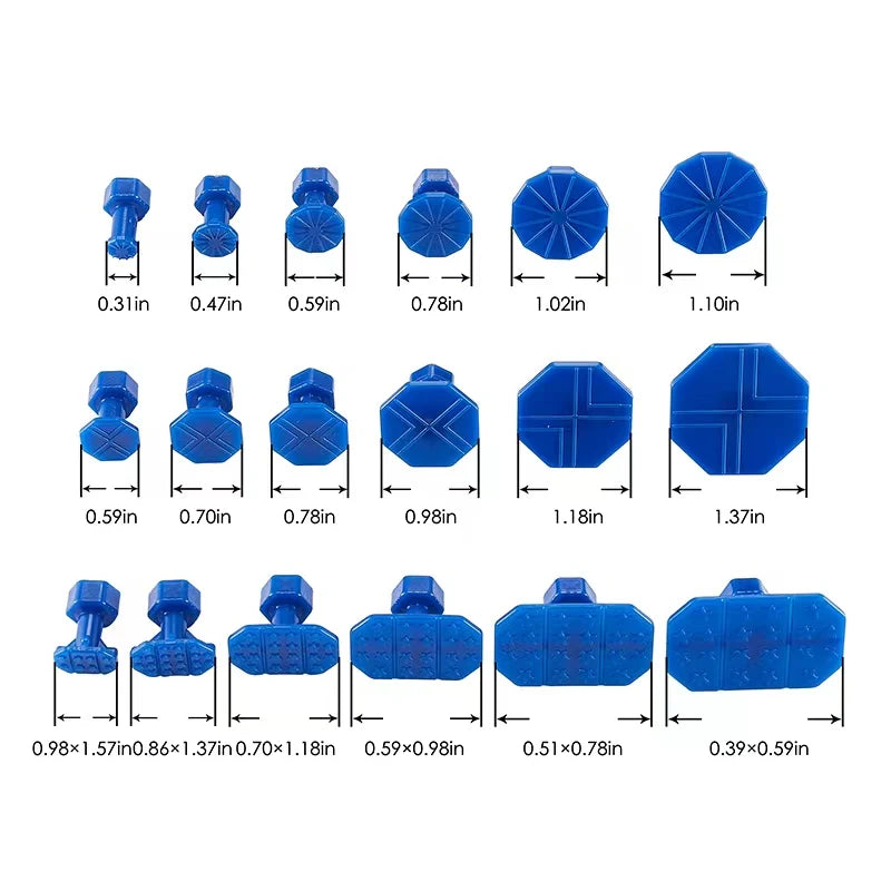 Size chart of eighteen assorted glue tabs included in the Paintless Dent Repair Kit, labelled with individual diameter measurements.