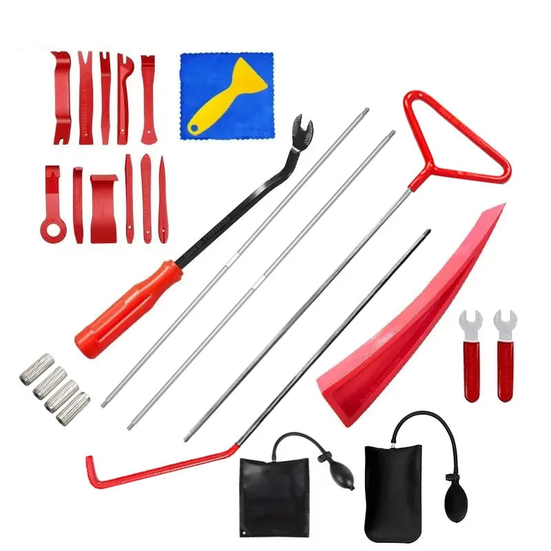 27-piece emergency car entry kit with long reach tool, wedges, air pump and trim tools laid out on a white background