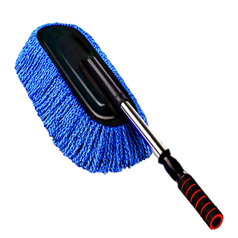 Blue chenille microfibre car wash brush mop with telescopic handle and red non-slip grip on a white background