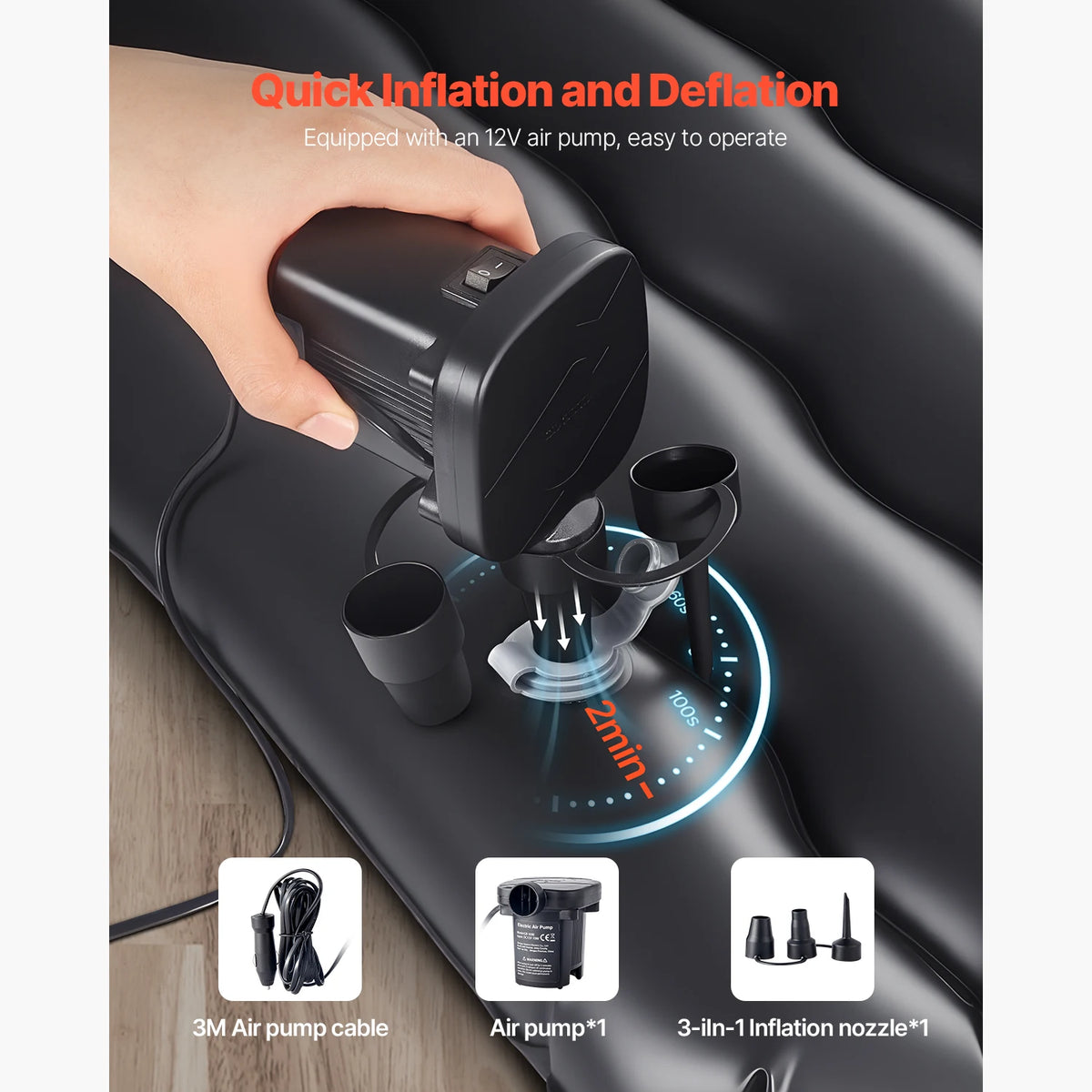 Hand inflating the Back Seat Air Mattress with the included 12V air pump, shown with the 3 m pump cable and 3-in-1 nozzle