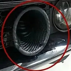 Turbo Air Intake Funnel round and square carbon-fibre inlets with flexible hoses, alongside real installation photos on a red car's front bumper
