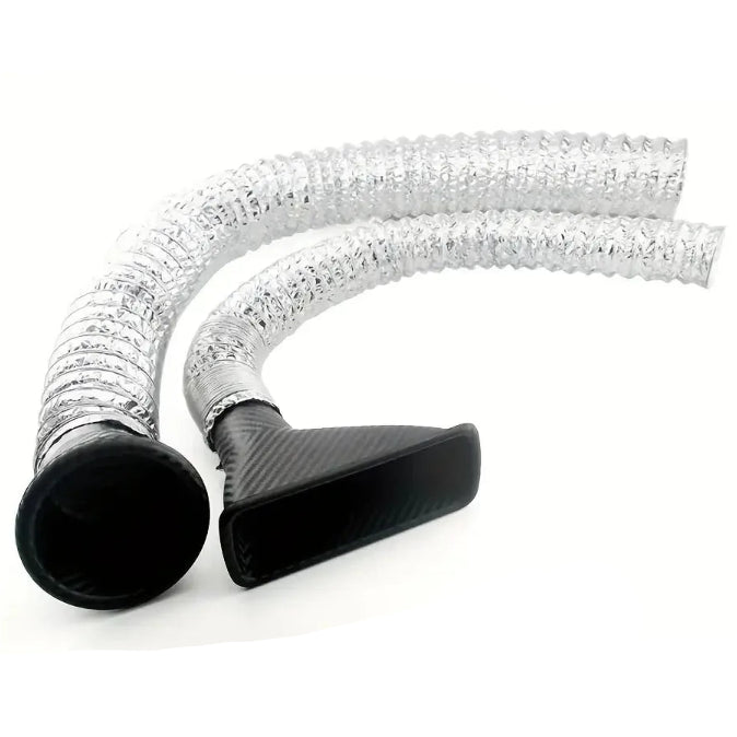 Turbo Air Intake Funnel showing round and square carbon-fibre inlet options with flexible ducting hoses on a white background
