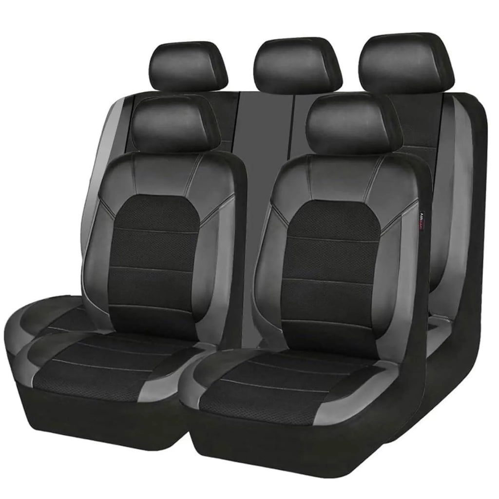 Grey and black 9-piece full car seat cover set on white background