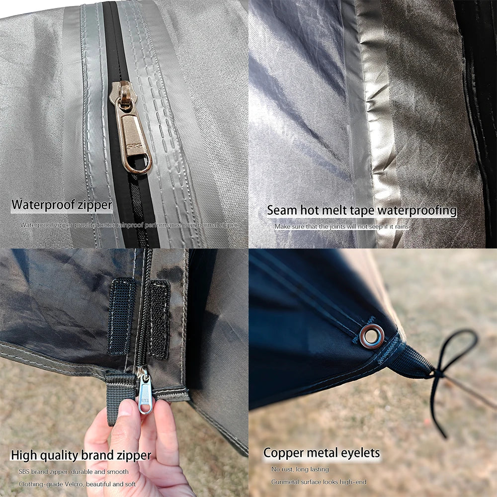 Close-up details of the Overland Tailgate Tent's waterproof zipper, sealed seams, Velcro closure and copper metal eyelets