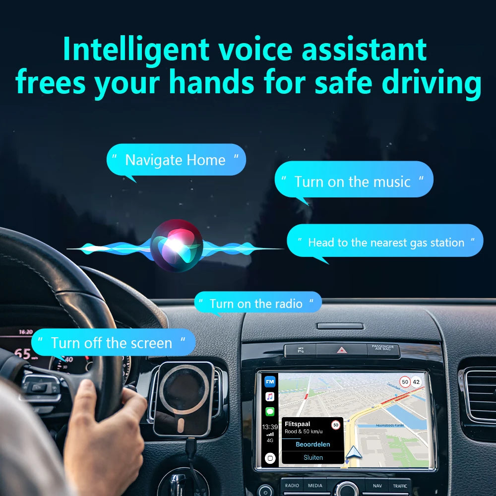 Intelligent voice assistant feature of the wireless CarPlay adapter shown in a car dashboard scene