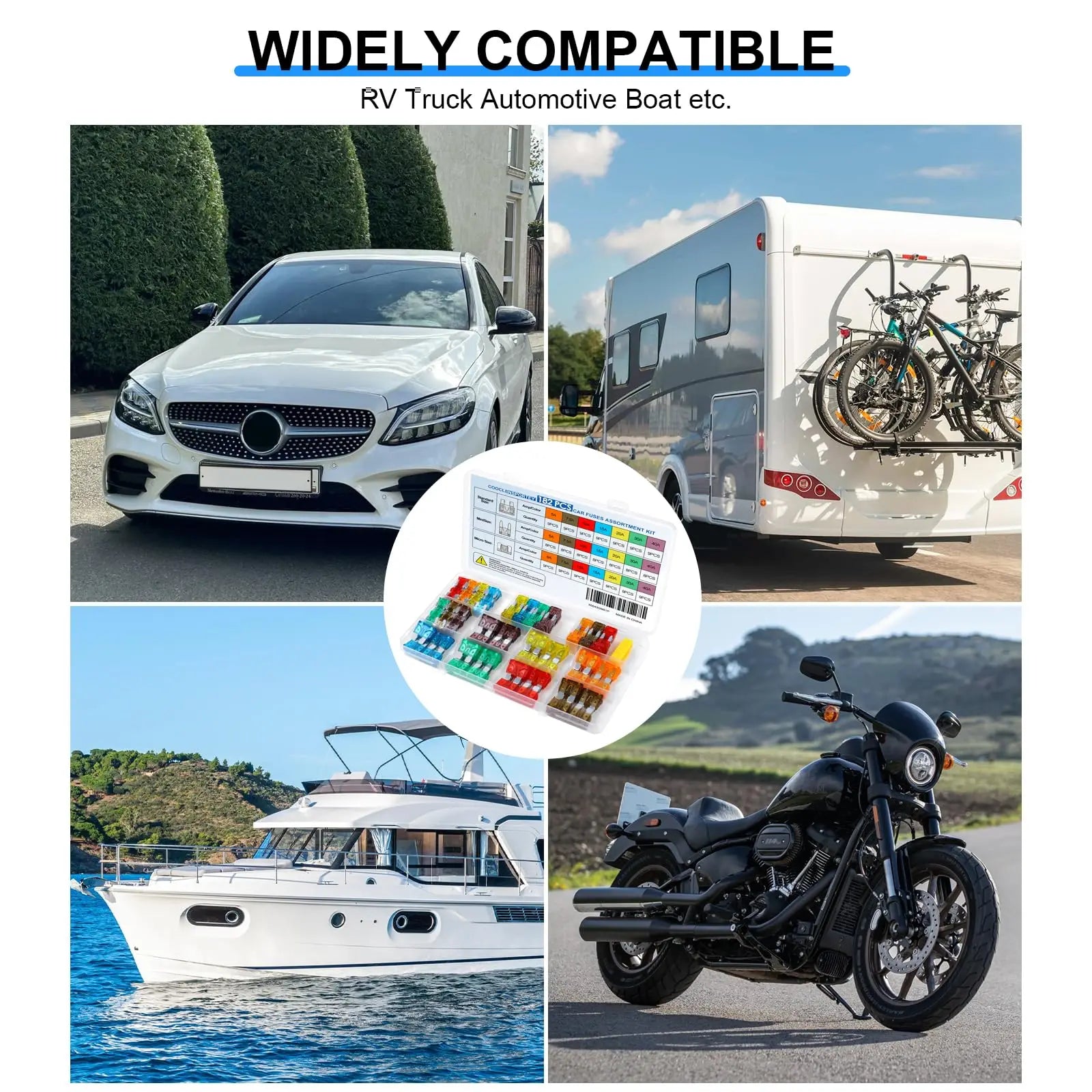 Widely compatible infographic showing the automotive blade fuse assortment kit suited to cars, boats and motorcycles.