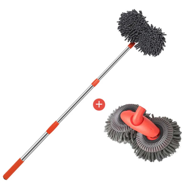 Telescopic Car Wash Mop pole shown separately from its double chenille microfiber mop head attachment, illustrating the two-piece assembly