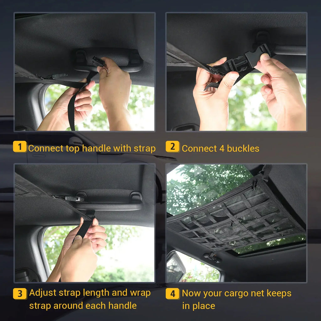 Four-step diagram showing how to install a car roof cargo net using handle straps