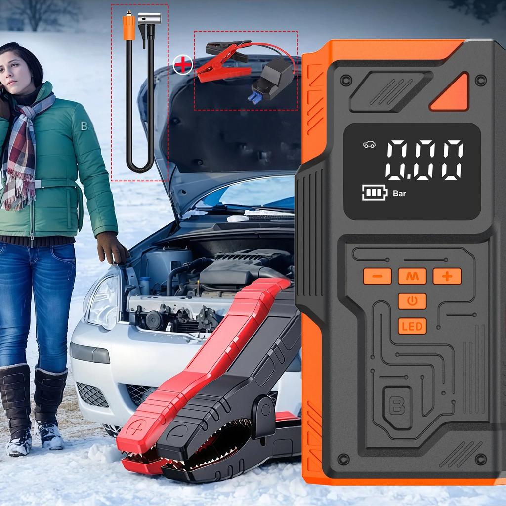 5000A Jump Starter & Inflator beside a car with its bonnet open in the snow, with jumper clamps and air hose