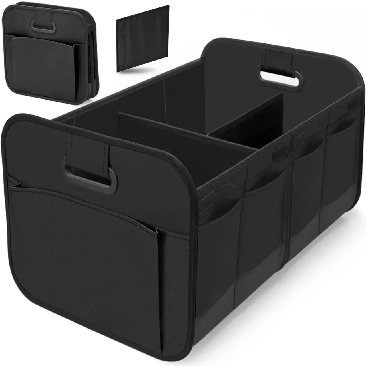 Black foldable boot organiser shown open with compartments and side pockets, plus a folded-flat view and fabric swatch