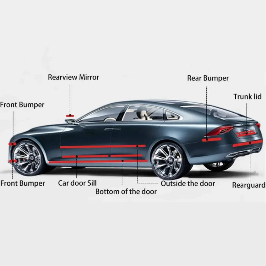 Vehicle diagram showing recommended Gloss Black Trim Wrap application areas including bumpers, mirrors and trunk lid