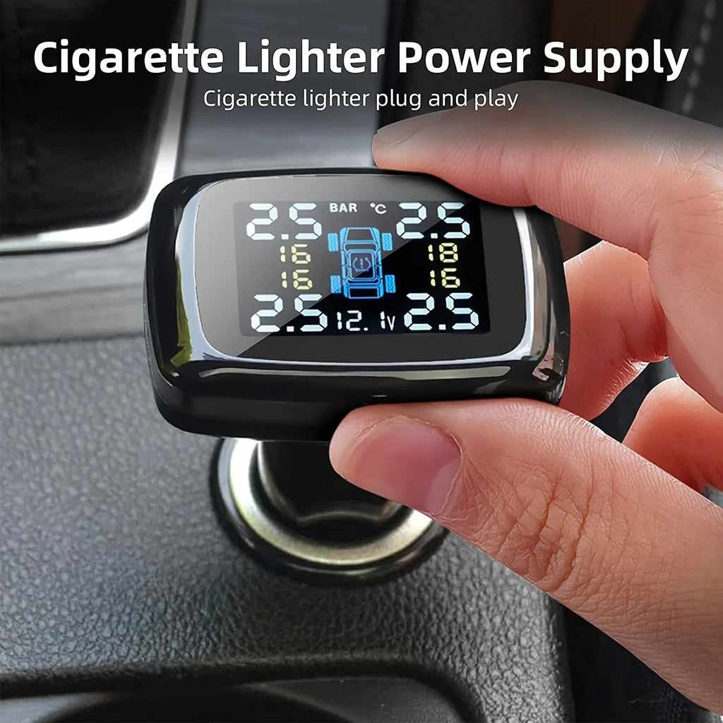 Hand inserting Plug-In Tyre Pressure Monitor into a car cigarette lighter socket, display showing pressure and temperature for four tyres