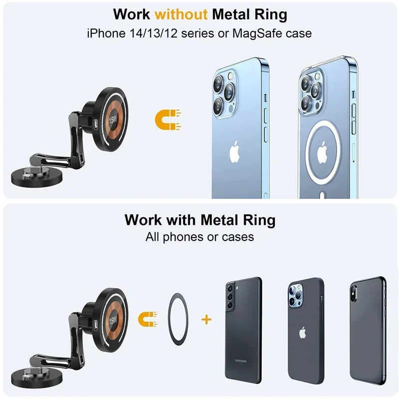 Comparison diagram showing the charger working without a metal ring on MagSafe iPhones and with a metal ring on other phones