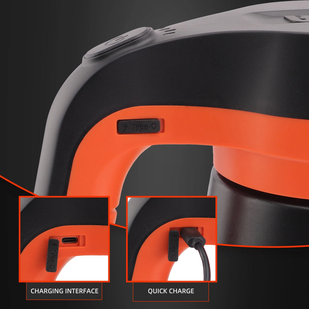 USB-C charging port on the Pro Dual-Nozzle Foam Sprayer handle, shown with and without the cable connected