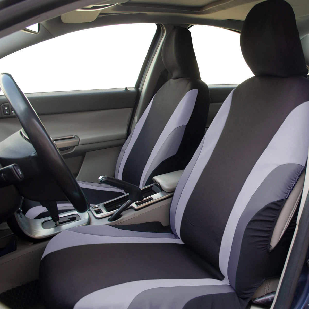 Car interior with gray and black seat covers