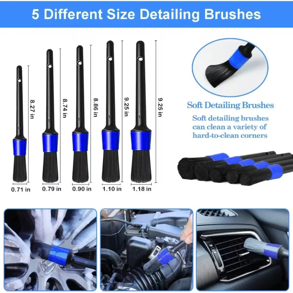 Five detailing brushes from the 20-Piece Car Detailing Kit shown cleaning wheels, engine bay and air vents