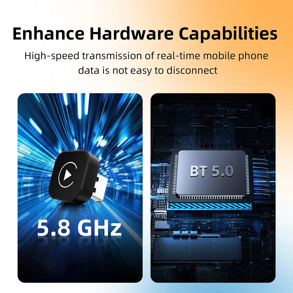Mini Wireless CarPlay Adapter with 5.8 GHz Wi-Fi and Bluetooth 5.0 chip for stable wireless phone connection