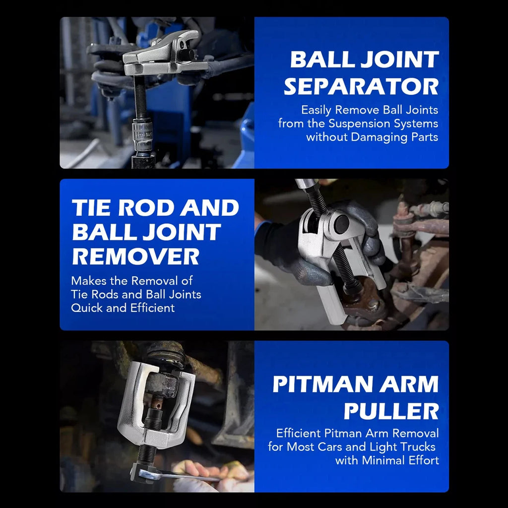 Three in-use photos of the Front End Puller Kit: ball joint separator, tie rod and ball joint remover, and pitman arm puller, each clamped on a vehicle's suspension.