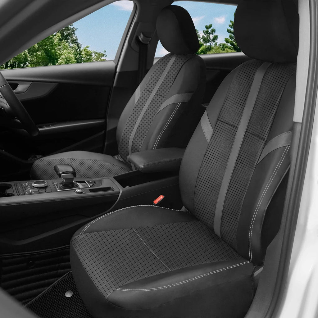 Black Faux Leather Seat Cover Set fitted to the front seats of a car interior