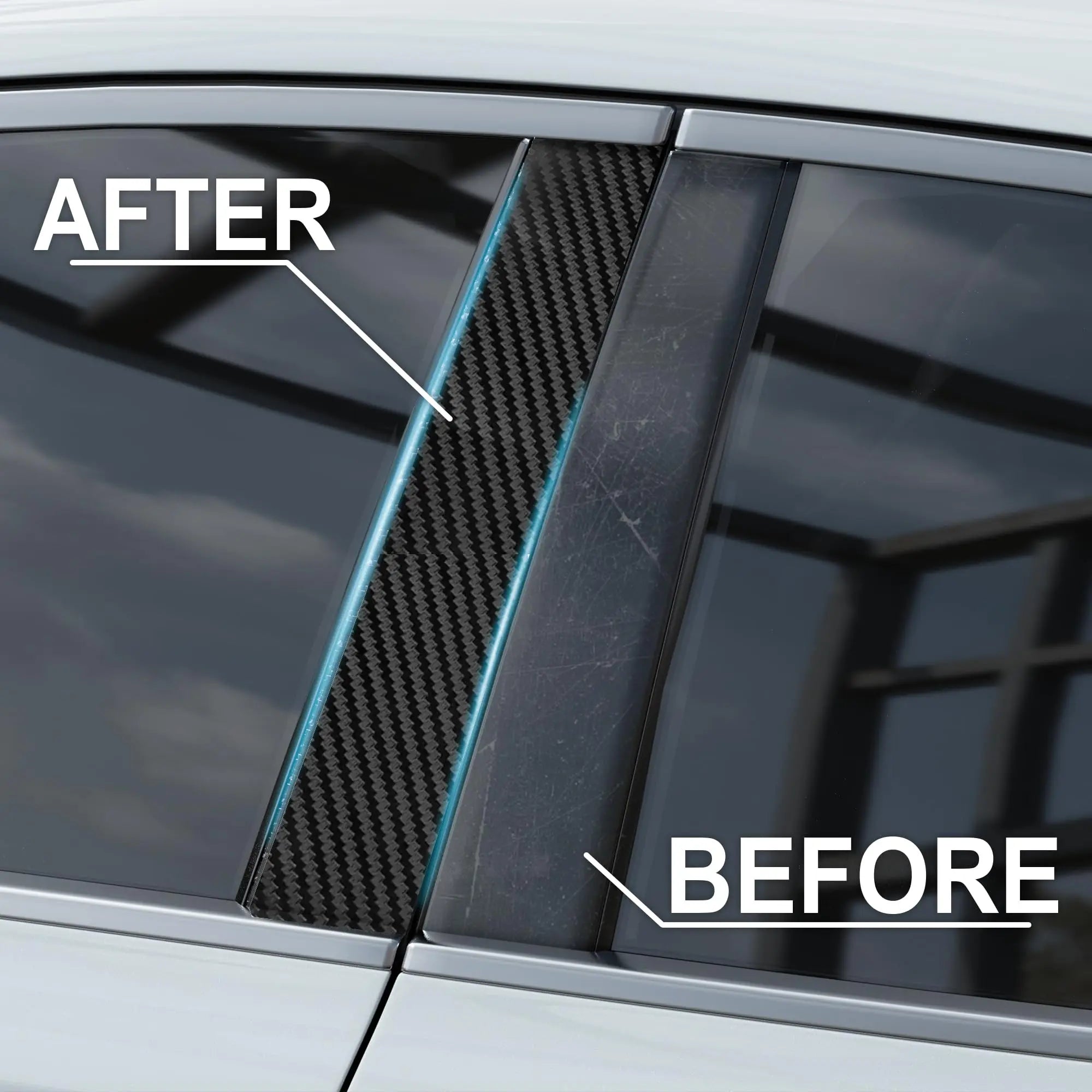 Before-and-after comparison of a car's B-pillar window trim without and with black carbon fibre wrap tape applied.