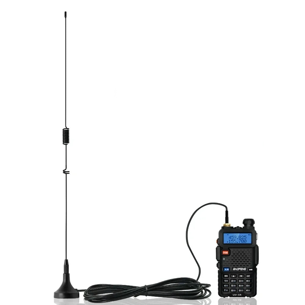Magnetic dual-band antenna with coiled cable connected to a Baofeng UV-5R handheld two-way radio