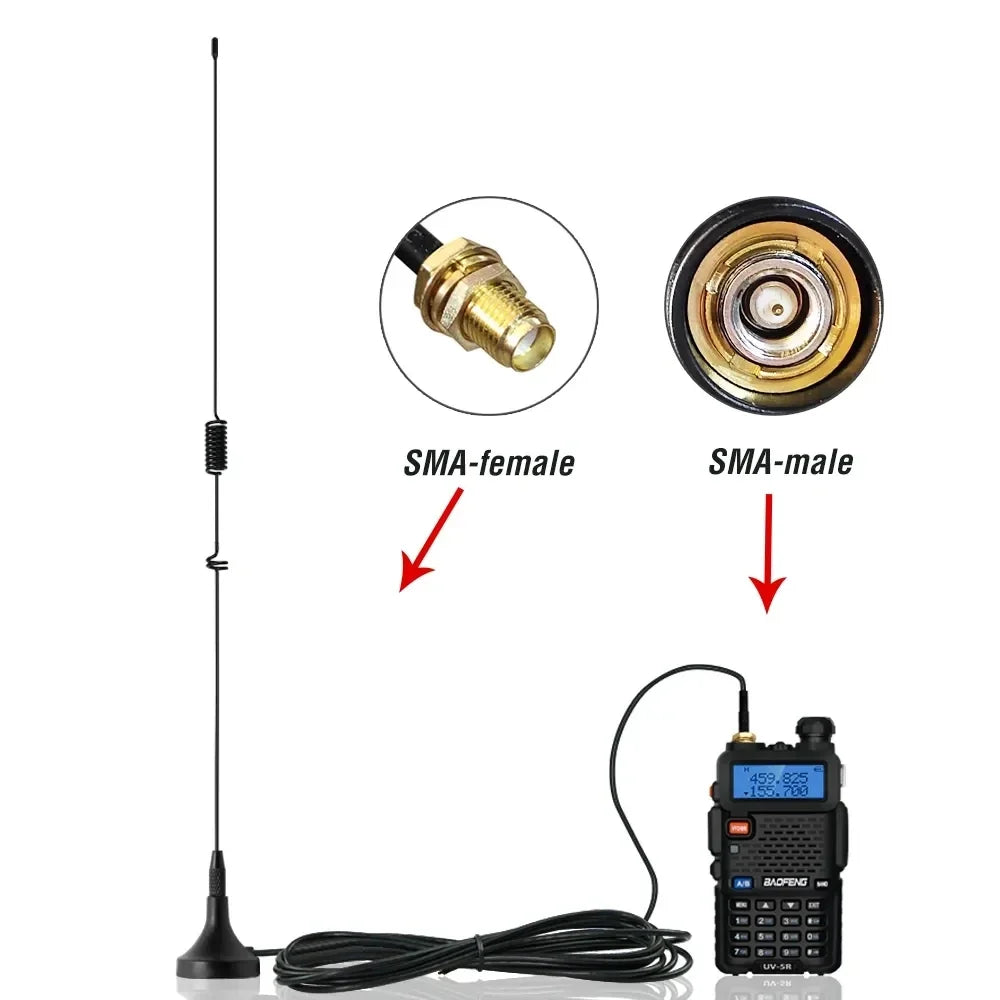 Comparison of SMA-female and SMA-male antenna connectors shown with the antenna and a Baofeng handheld radio
