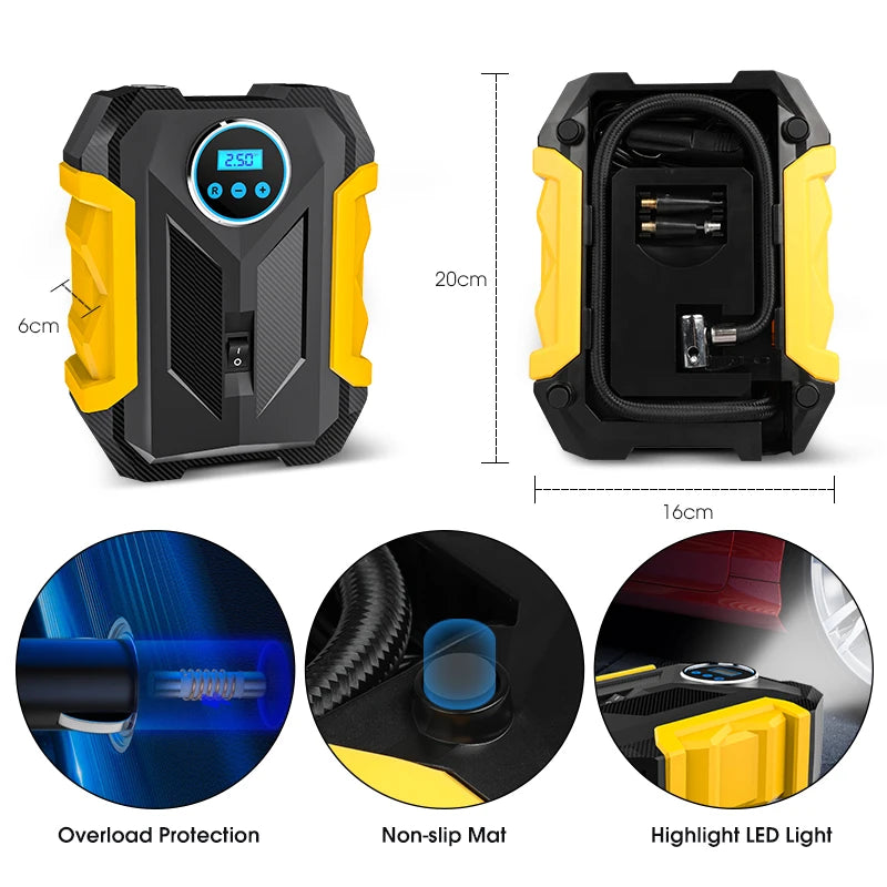 12V Auto-Stop Tyre Inflator front and rear views measuring 20 cm by 16 cm by 6 cm with overload protection, non-slip base and LED light
