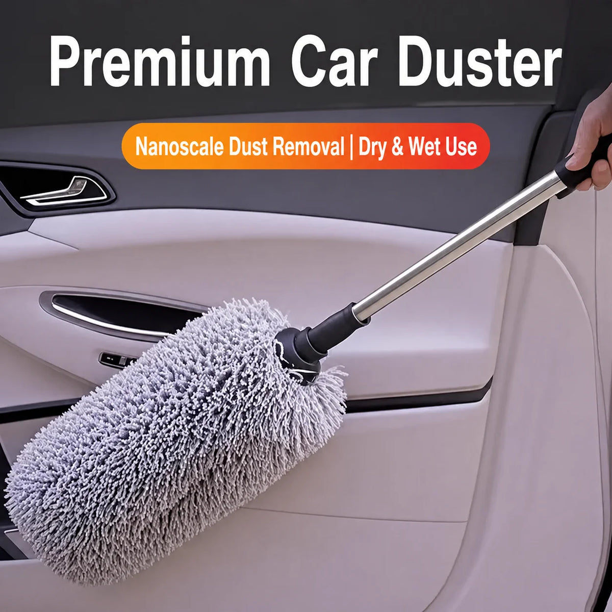 Telescopic Microfibre Car Duster cleaning a light grey car interior door panel