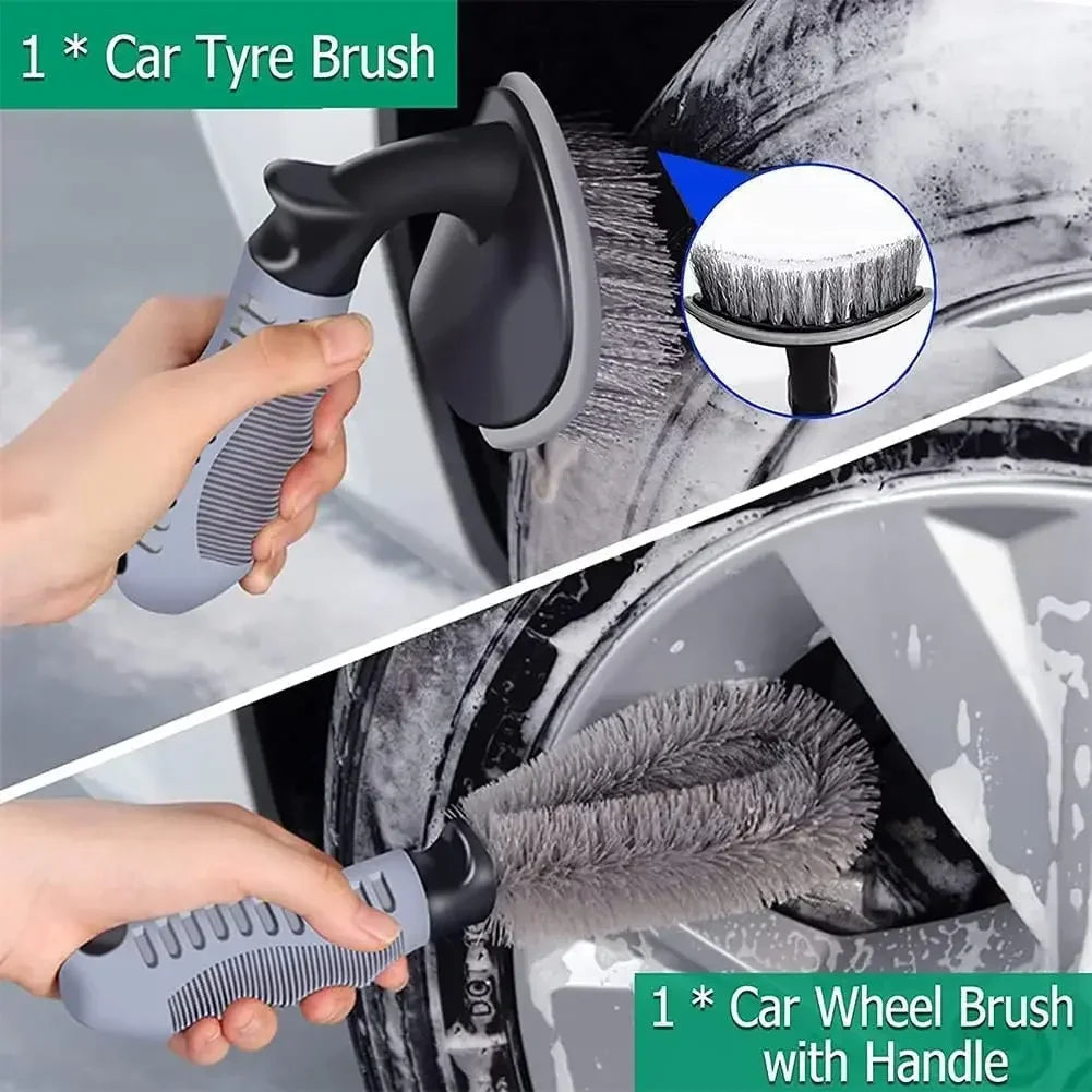 Car tyre brush and car wheel brush with handle from the 10-Piece Car Detailing Kit scrubbing a tyre and alloy wheel