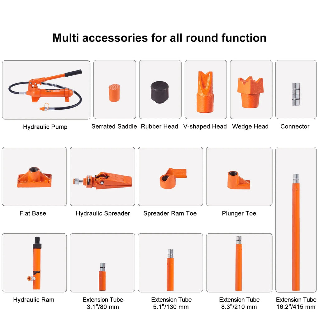 Diagram of all included accessories in the Hydraulic Porta Power Kit, including the hydraulic pump, saddle, rubber head, V-shaped head, wedge head, connector, flat base, spreader and extension tubes
