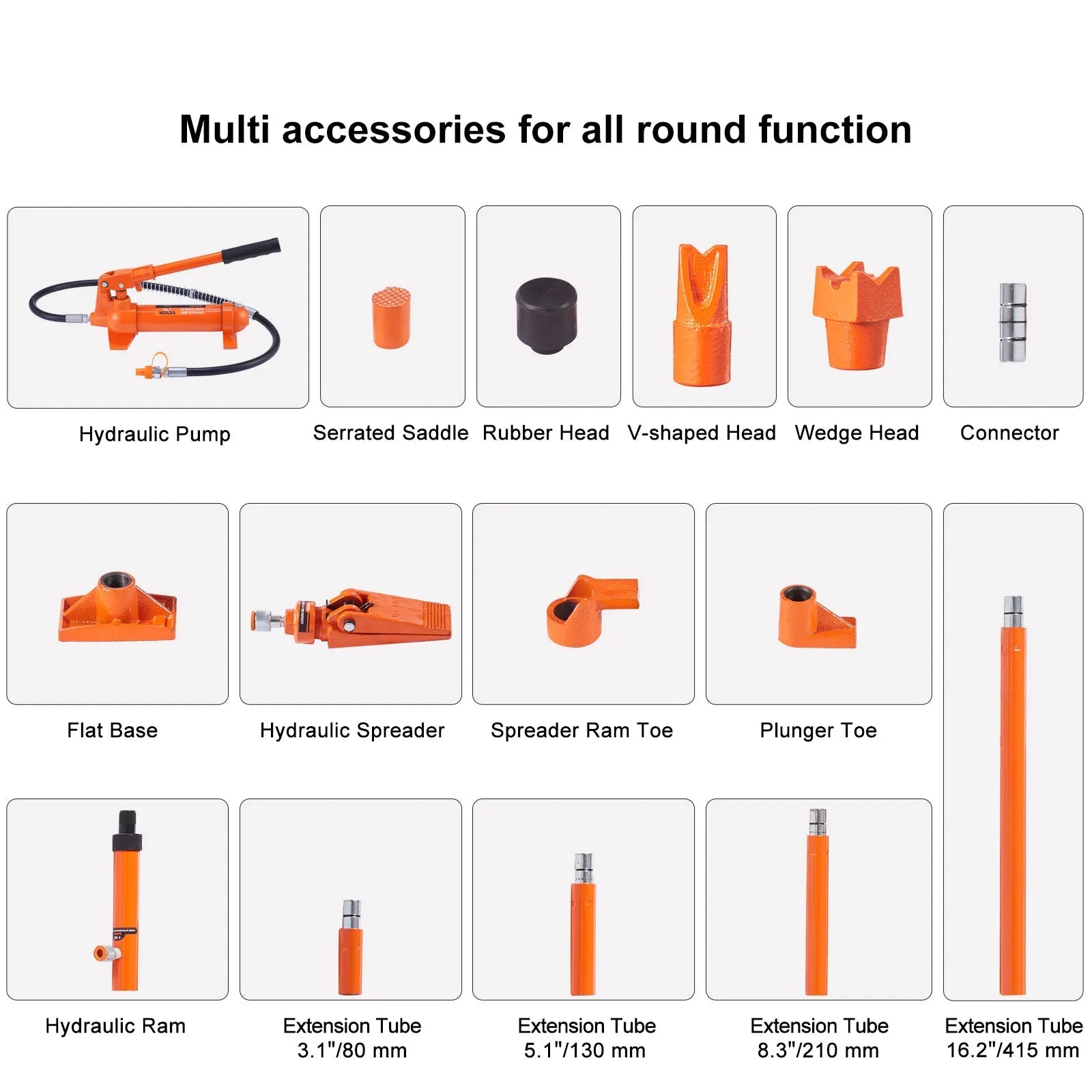 Diagram of all included accessories in the Hydraulic Porta Power Kit, including the hydraulic pump, saddle, rubber head, V-shaped head, wedge head, connector, flat base, spreader and extension tubes