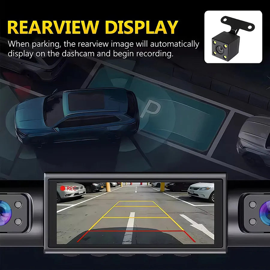 WiFi Smart Dash Cam rearview parking display showing the live reversing camera feed with guide lines on the built-in screen