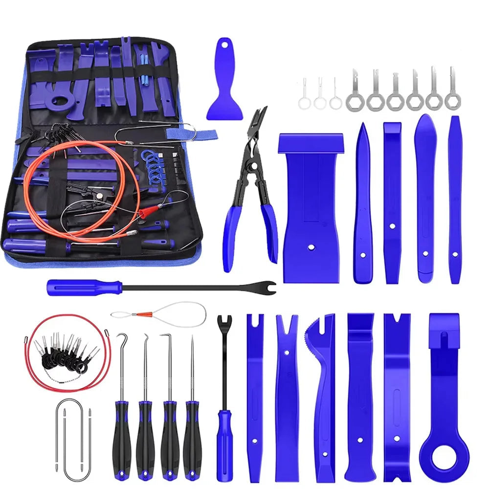 Full 43-piece interior trim removal tool kit with pry bars, panel clip pliers, screwdrivers and door card tools laid out beside its carry case on a white background.