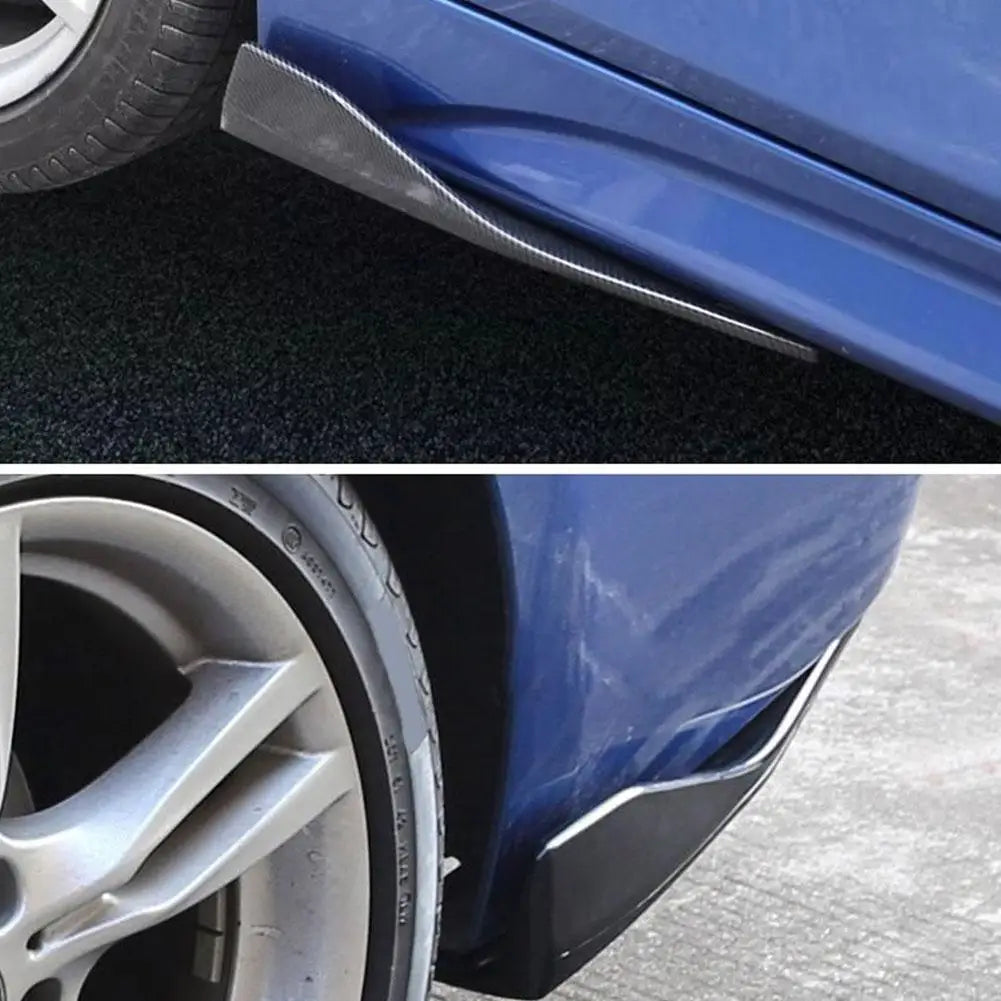 Carbon fibre side skirt splitter blades fitted to the rocker panels of a blue car, close-up views near the rear and front wheel arches showing the fitted profile