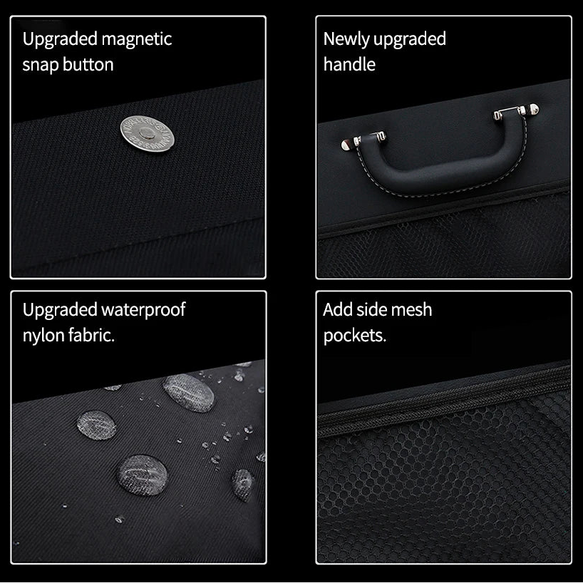 Suede Leather Boot Organiser feature close-ups showing upgraded magnetic snap button, newly upgraded handle, waterproof nylon fabric and side mesh pockets