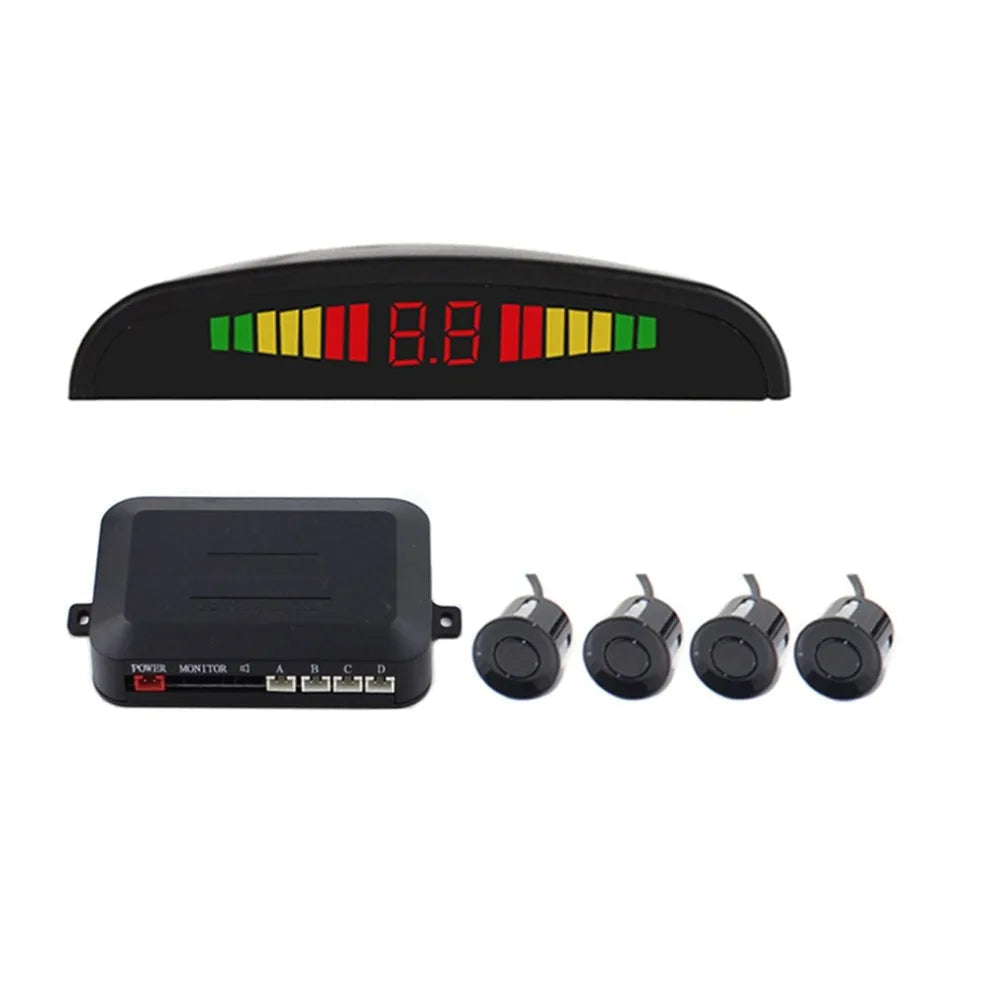 Wireless parking sensor kit with LED distance display, control box and four rear bumper sensors